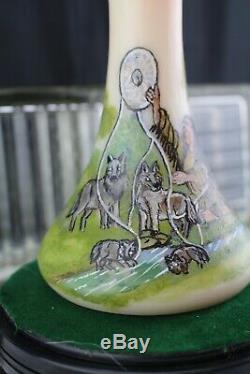 Fenton Glass Glossy Burmese JIP Vase HP Marilyn Wagner Wolves Indian Woman 70's