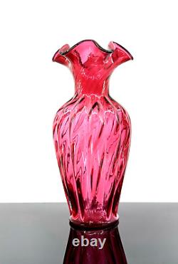 Fenton Glass Vase Cranberry Hand Blown Spiral Optic Paneled Ruffle Rim #3161