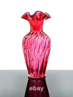 Fenton Glass Vase Cranberry Hand Blown Spiral Optic Paneled Ruffle Rim #3161