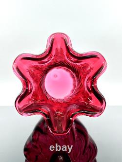 Fenton Glass Vase Cranberry Hand Blown Spiral Optic Paneled Ruffle Rim #3161