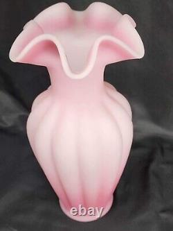 Fenton Glass Vase Pink Spiral Satin Paneled Ruffle Rim 11 Inches
