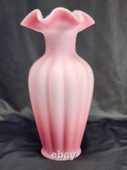 Fenton Glass Vase Pink Spiral Satin Paneled Ruffle Rim 11 Inches