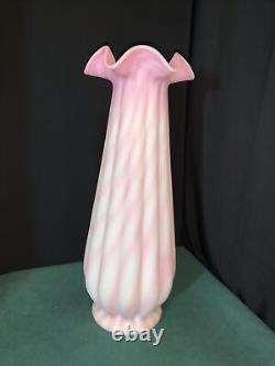 Fenton Glass Vtg 14 Rosaline Spiral Optic Candy Cane Pink & White Vase
