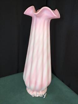 Fenton Glass Vtg 14 Rosaline Spiral Optic Candy Cane Pink & White Vase