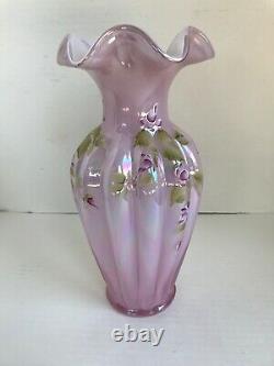 Fenton Glass vase pink iridescent Ruffled rim 11 Signed Hand Painted Flowers