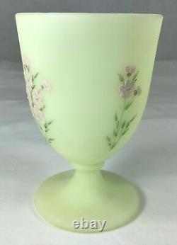 Fenton Hand Painted Pink Flowers Custard Satin Vintage Glass Goblet Vase Signed