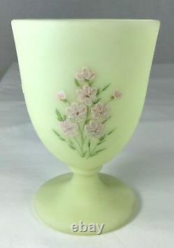 Fenton Hand Painted Pink Flowers Custard Satin Vintage Glass Goblet Vase Signed