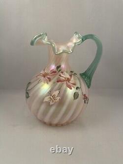Fenton Hand Painted Pink Iridescent Flower Floral Champagne Swirl Pitcher Signed