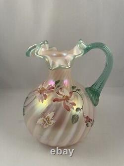 Fenton Hand Painted Pink Iridescent Flower Floral Champagne Swirl Pitcher Signed