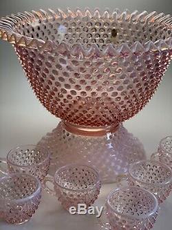 Fenton Hobnail Pink Opalescent Punchbowl and Cups