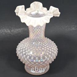 Fenton Iridescent Pearl Champagne Pink Hobnail Double Crimped Vase 10.5