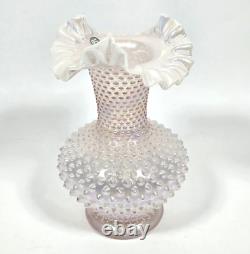 Fenton Iridescent Pearl Champagne Pink Hobnail Double Crimped Vase 10.5
