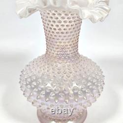 Fenton Iridescent Pearl Champagne Pink Hobnail Double Crimped Vase 10.5