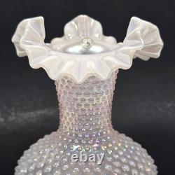 Fenton Iridescent Pearl Champagne Pink Hobnail Double Crimped Vase 10.5