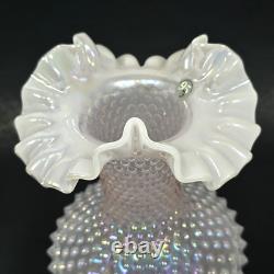 Fenton Iridescent Pearl Champagne Pink Hobnail Double Crimped Vase 10.5