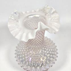 Fenton Iridescent Pearl Champagne Pink Hobnail Double Crimped Vase 10.5