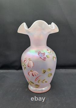 Fenton Iridescent Pink Vase Hand Painted and Signed By D Wright