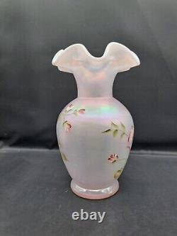 Fenton Iridescent Pink Vase Hand Painted and Signed By D Wright