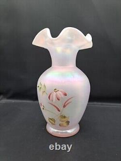 Fenton Iridescent Pink Vase Hand Painted and Signed By D Wright