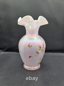 Fenton Iridescent Pink Vase Hand Painted and Signed By D Wright