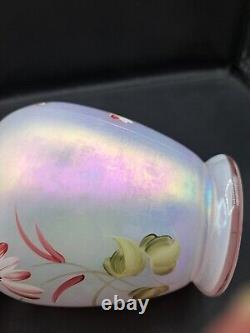 Fenton Iridescent Pink Vase Hand Painted and Signed By D Wright