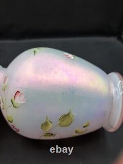 Fenton Iridescent Pink Vase Hand Painted and Signed By D Wright