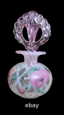 Fenton Iridized Perfume Bottle Pink Stopper Hand Painted Signed 95 Anniversary