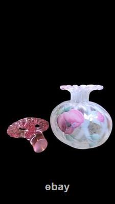 Fenton Iridized Perfume Bottle Pink Stopper Hand Painted Signed 95 Anniversary