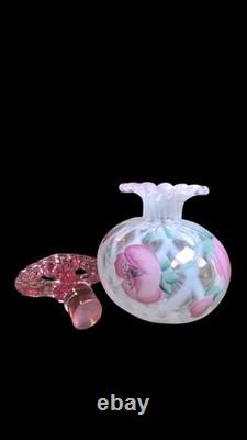 Fenton Iridized Perfume Bottle Pink Stopper Hand Painted Signed 95 Anniversary