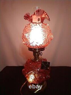 Fenton LG Wright Cranberry Glass Lamp Puffy Rose GWTW 2002 Original Box