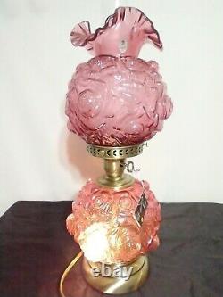 Fenton LG Wright Cranberry Glass Lamp Puffy Rose GWTW 2002 Original Box