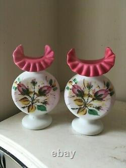 Fenton- L G Wright Moss Rose Peach Blow Vase Lot of 2 matching Vintage