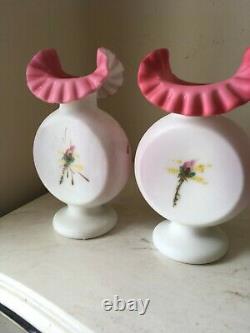 Fenton- L G Wright Moss Rose Peach Blow Vase Lot of 2 matching Vintage