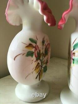 Fenton- L G Wright Moss Rose Peach Blow Vase Lot of 2 matching Vintage