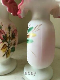 Fenton- L G Wright Moss Rose Peach Blow Vase Lot of 2 matching Vintage
