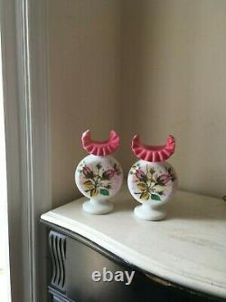 Fenton- L G Wright Moss Rose Peach Blow Vase Lot of 2 matching Vintage