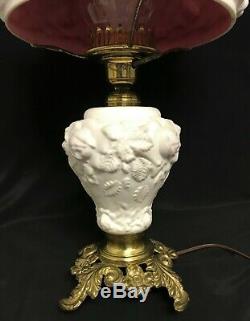 Fenton Lg Wright Parlor Lamp Puffy Rose White Satin Cased Cranberry Pink Glass