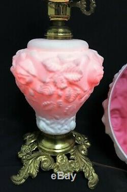 Fenton Lg Wright Parlor Lamp Puffy Rose White Satin Cased Cranberry Pink Glass