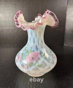 Fenton Meadow Beauty Rose Crest Hand Painted Vase Artist Signed Lattice 7.5