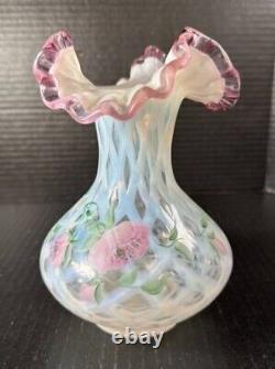 Fenton Meadow Beauty Rose Crest Hand Painted Vase Artist Signed Lattice 7.5