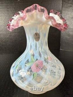 Fenton Meadow Beauty Rose Crest Hand Painted Vase Artist Signed Lattice 7.5