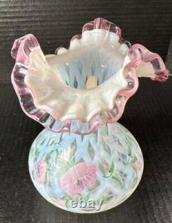 Fenton Meadow Beauty Rose Crest Hand Painted Vase Artist Signed Lattice 7.5