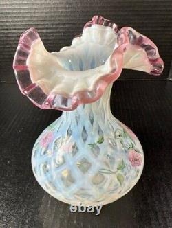 Fenton Meadow Beauty Rose Crest Hand Painted Vase Artist Signed Lattice 7.5