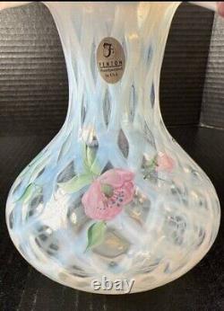 Fenton Meadow Beauty Rose Crest Hand Painted Vase Artist Signed Lattice 7.5