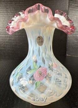 Fenton Meadow Beauty Rose Crest Hand Painted Vase Artist Signed Lattice 7.5