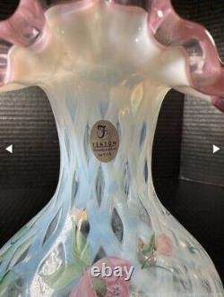 Fenton Meadow Beauty Rose Crest Hand Painted Vase Artist Signed Lattice 7.5