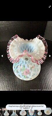 Fenton Meadow Beauty Rose Crest Hand Painted Vase Artist Signed Lattice 7.5