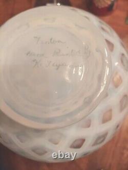 Fenton Meadow Beauty Rose Crest Hand Painted Vase Artist Signed Lattice 7.5
