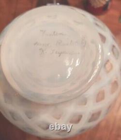 Fenton Meadow Beauty Rose Crest Hand Painted Vase Artist Signed Lattice 7.5
