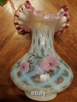 Fenton Meadow Beauty Rose Crest Hand Painted Vase Artist Signed Lattice 7.5